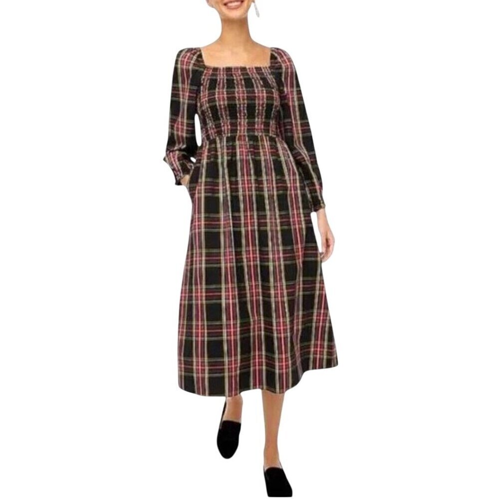 J.Crew Tartan Plaid Long Sleeve Smocked Square Neck Pockets Midi Dress Size L